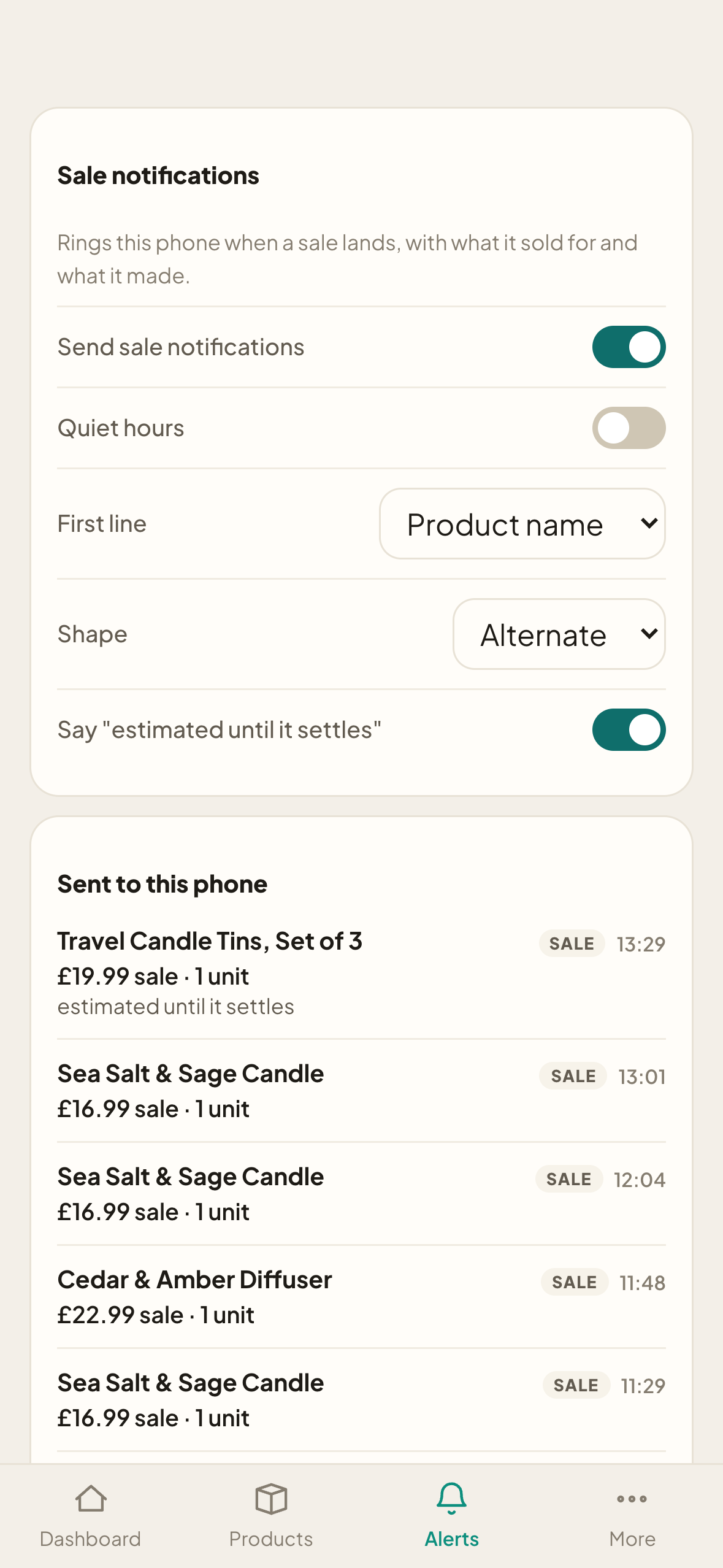 The app's alerts: sale notifications with quiet hours, and every sale sent to the phone
